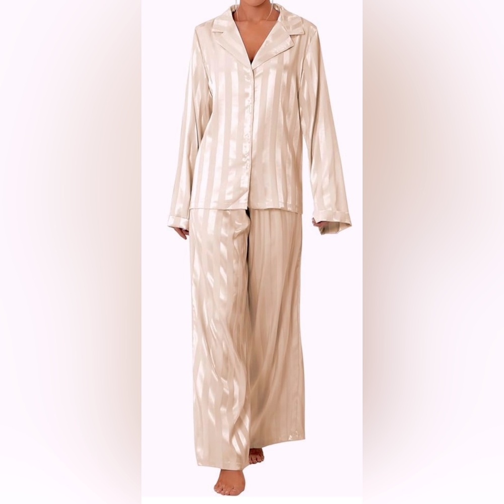 Jones NY women's satin striped PJ Set LS button down top & elastic waist pants.